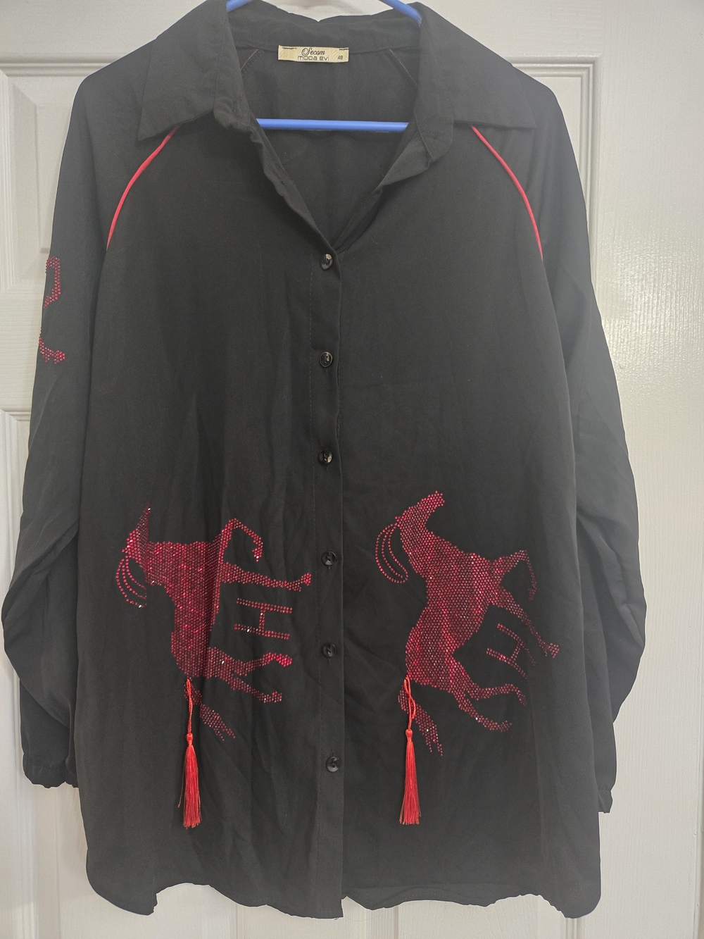 Black Button-Up Shirt with Pants ( 2piece)  Red Rhinestone Horse Motifs